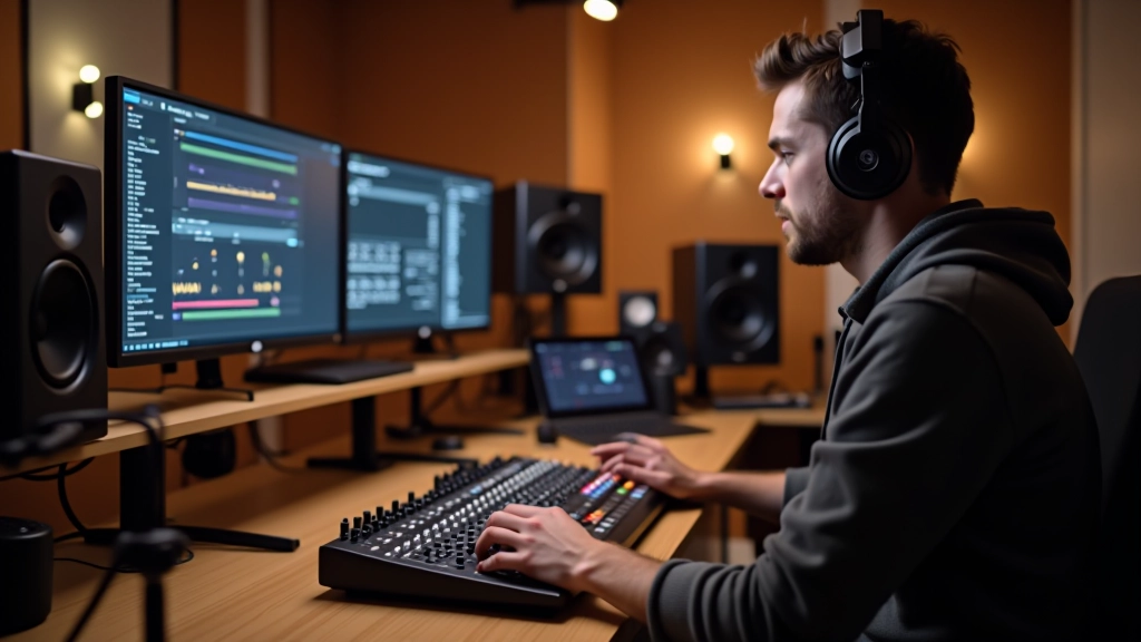 Studio-opname met microfoon en audioscherm voor geluidsdesign