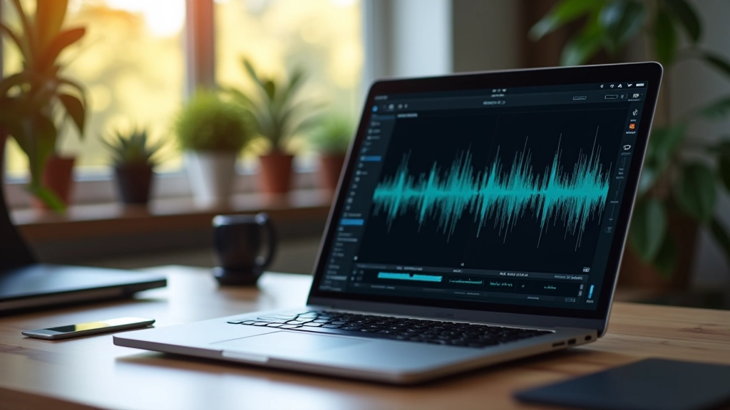 Laptop met audio-editing software op het scherm in een creatieve werkruimte