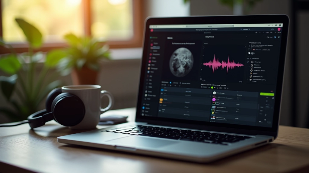 Laptop met muziekbibliotheek open en koptelefoons op tafel